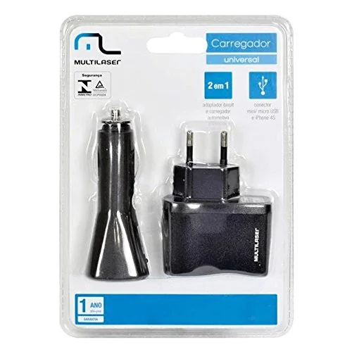 Carregador Universal Multilaser Kit Usb Carregador 12v Mini Usb Iphone 4/4s Ccb067 Bivolt