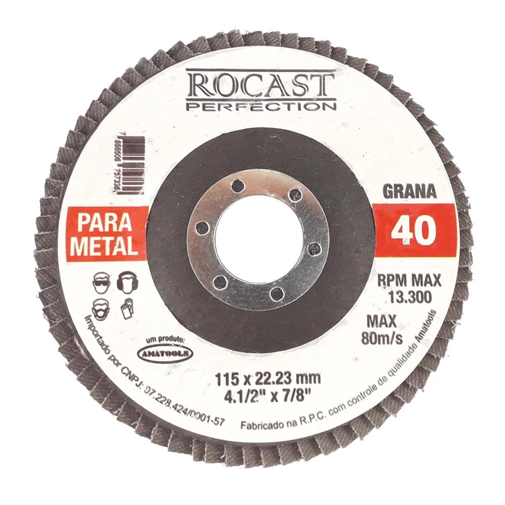 Disco De Lixa Flap 115 X 22mm 4.1/2pol X 7/8pol Gr 40 102,0001 Rocast