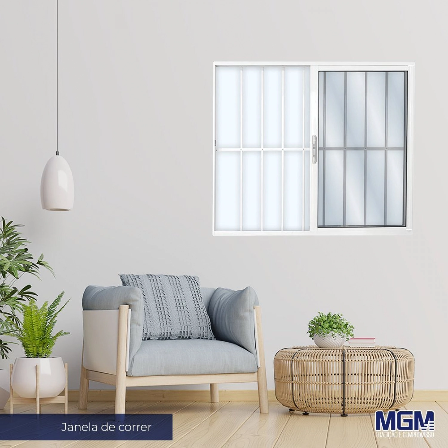 Janela De Alumínio De Correr 100x200cm 2 Folhas Com Grade E Vidro Liso Linha Solida Mgm Branco