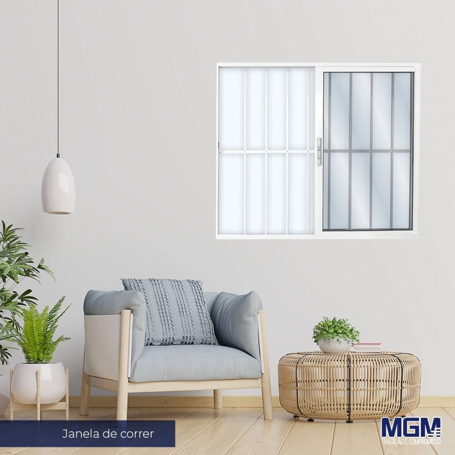 Janela De Alumínio De Correr 100x120cm 2 Folhas Com Grade E Vidro Mini Boreal Linha Solida Mgm Branco
