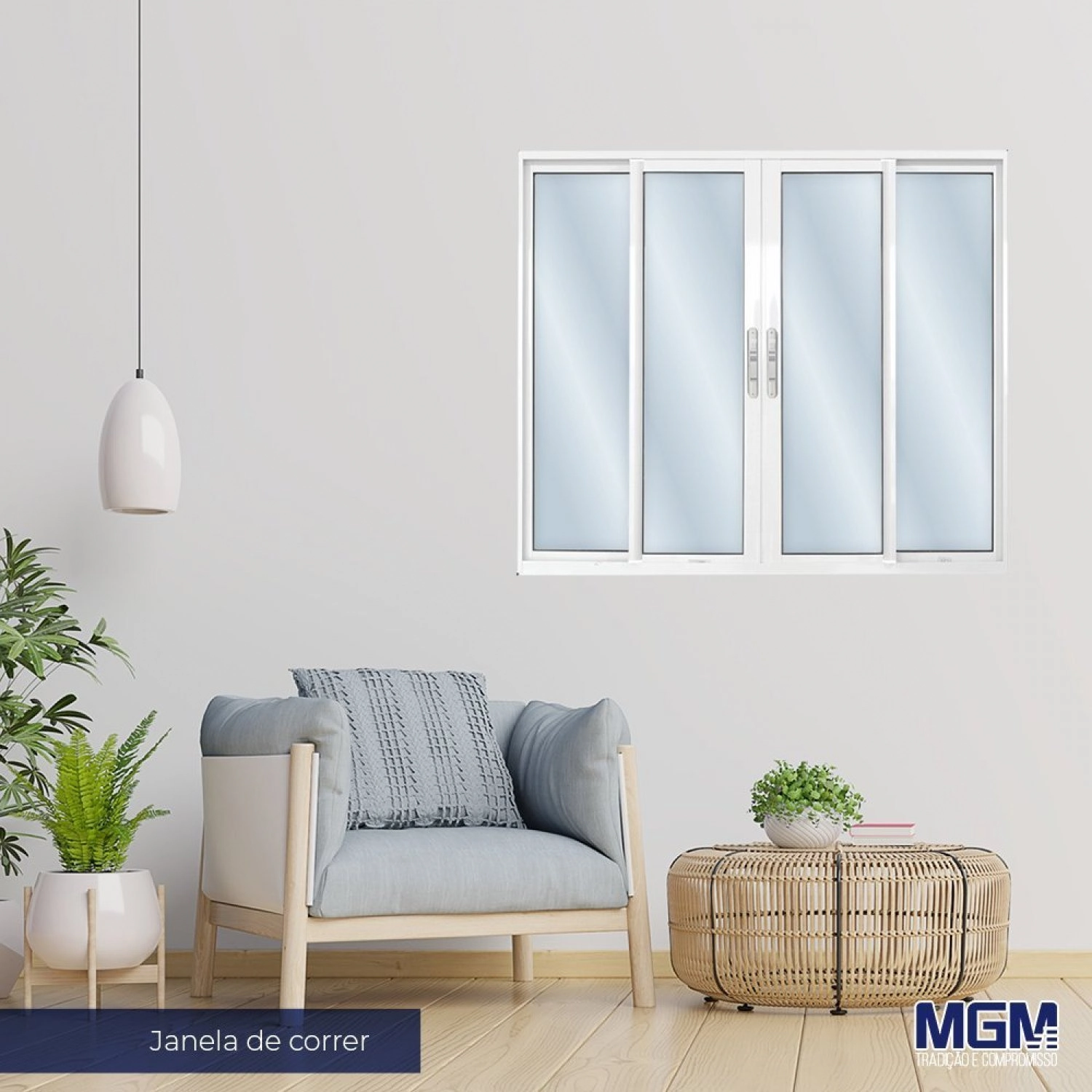 Janela De Alumínio De Correr 100x120cm 4 Folhas 2 Fixas Com Vidro Mini Boreal Linha Solida Mgm Branco