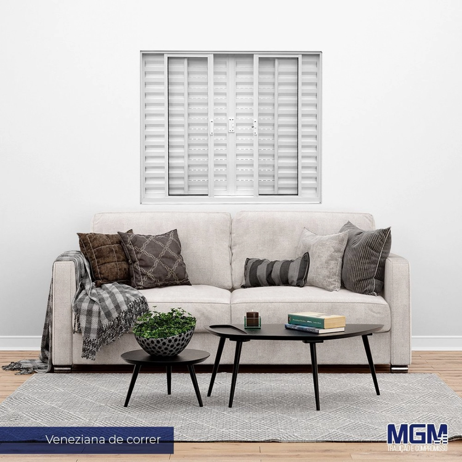 Janela De Alumínio Veneziana De Correr 100x150cm 6 Folhas 2 Fixas Com Vidro Mini Boreal Linha Soft M Branco
