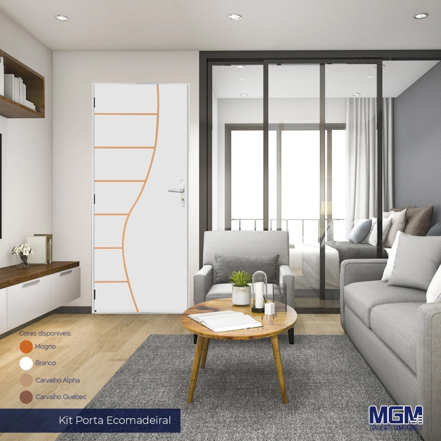 Kit Porta De Madeira Decorada 212x65cm Com Batente De Alumínio 3,6cm Cantareira Mgm Abertura Direita Branca
