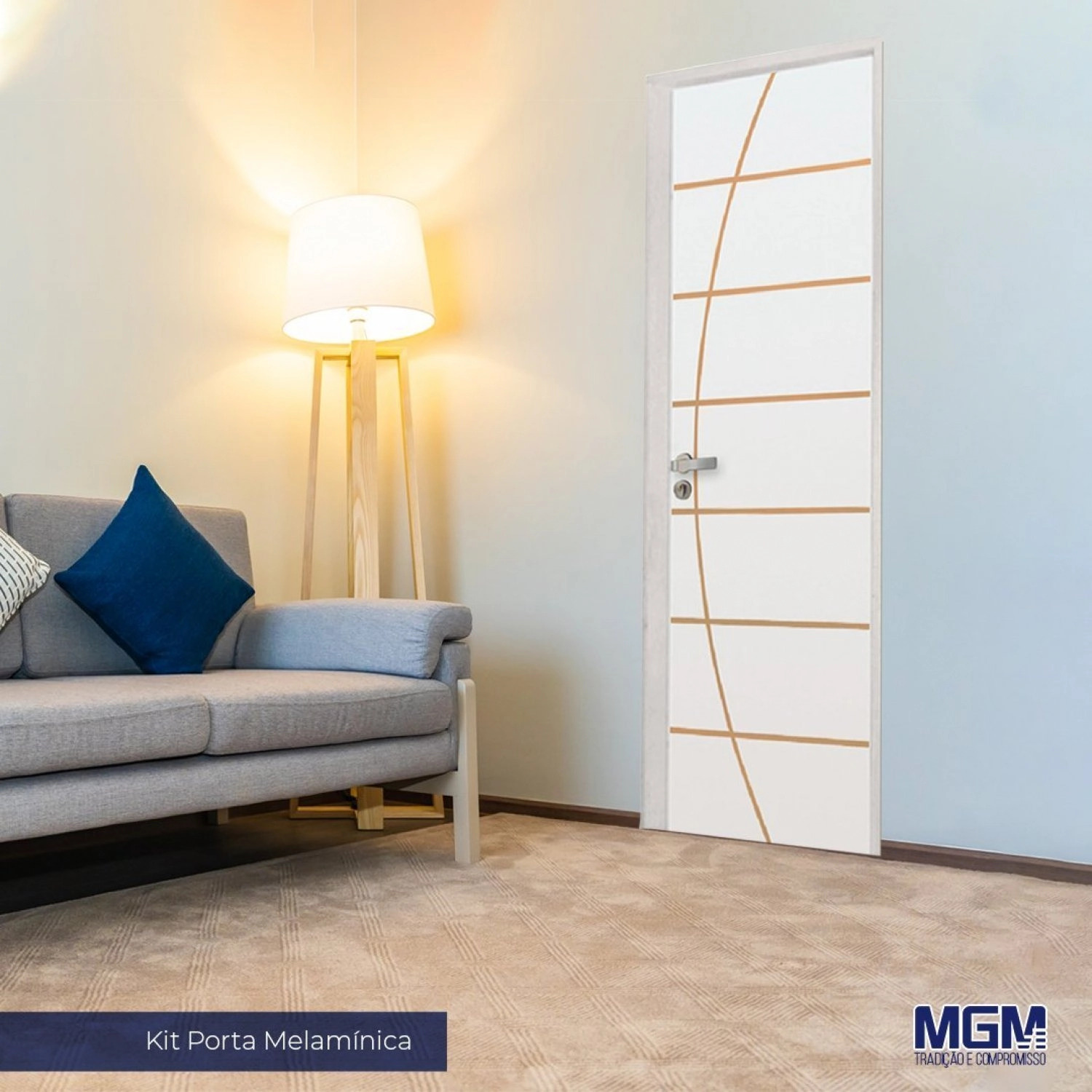 Kit Porta De Madeira Decorada 212x85cm Com Batente De Alumínio 3,6cm Neblina Mgm Abertura Direita Branca