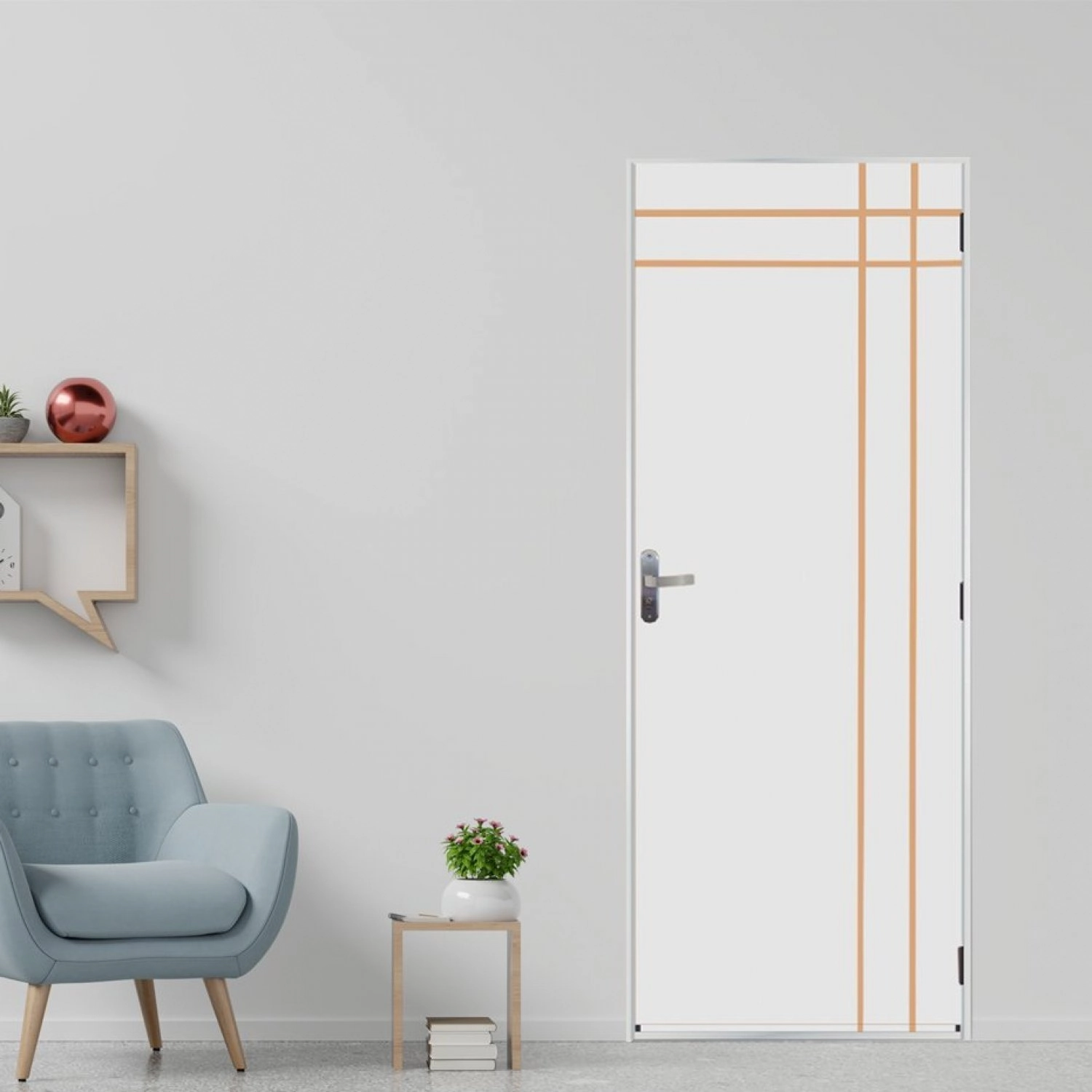 Kit Porta De Madeira Decorada 215x75cm Com Batente De Aço 06cm Mantiqueira Mgm Abertura Esquerda Branco