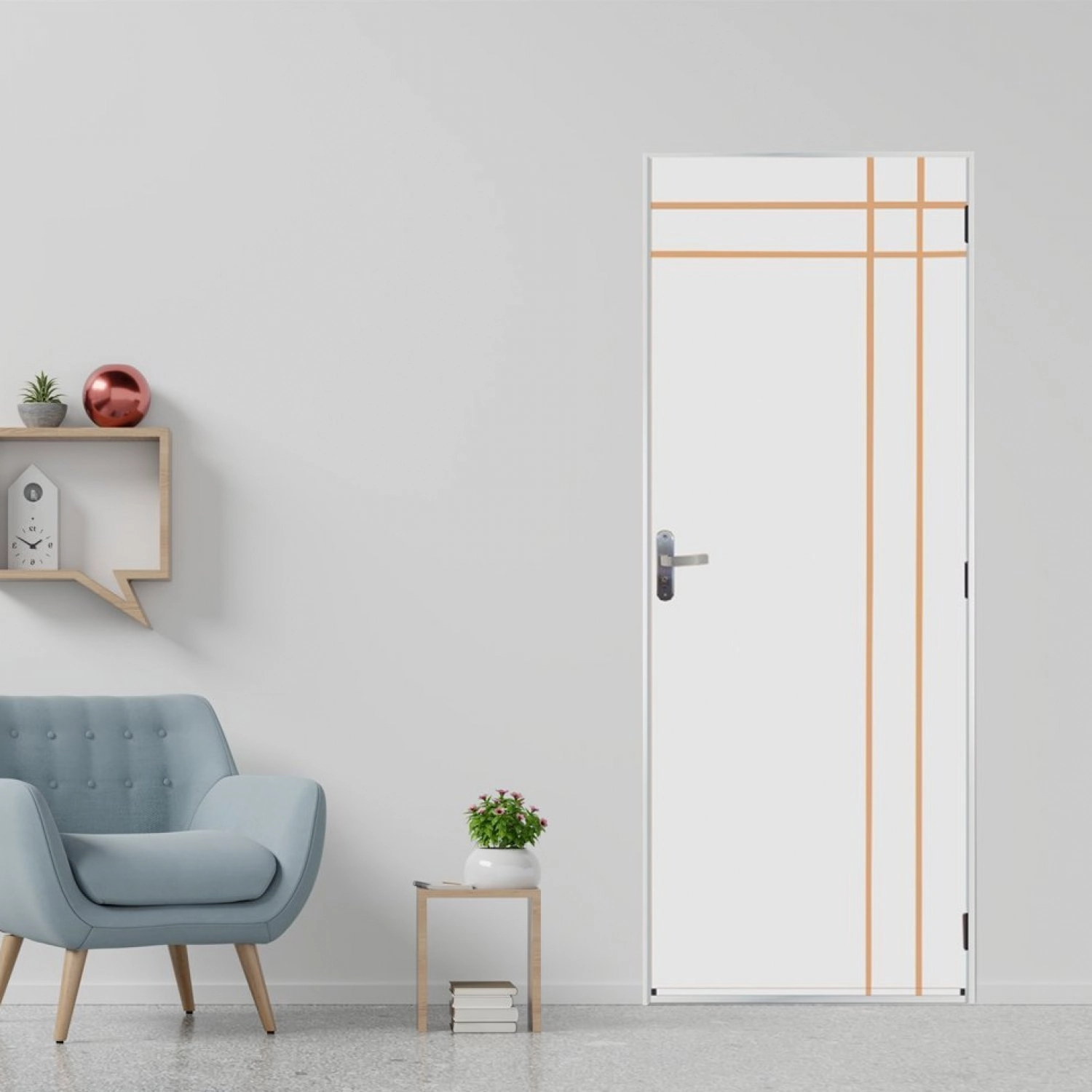 Kit Porta De Madeira Decorada 215x85cm Com Batente De Aço 06cm Mantiqueira Mgm Abertura Direita Branco
