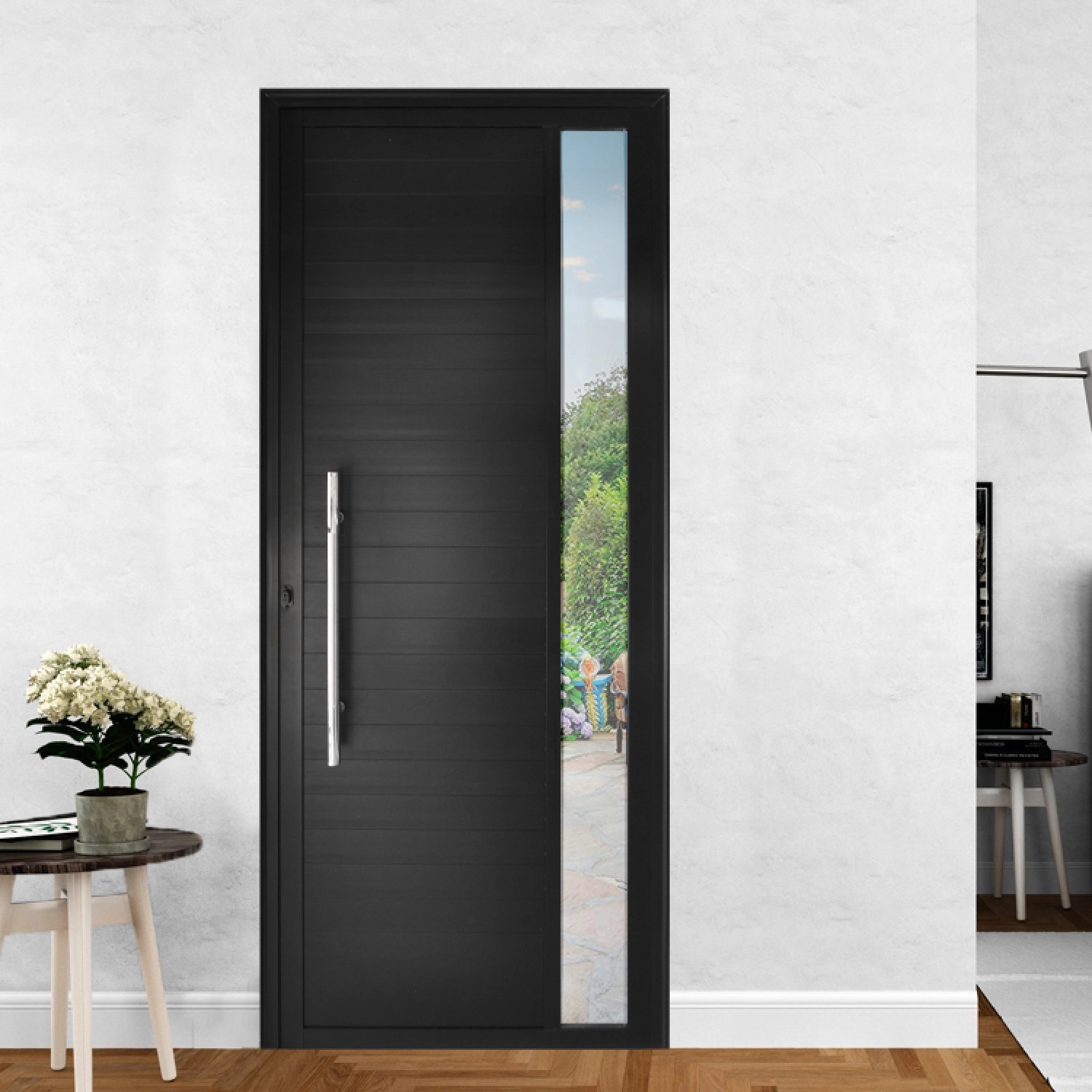 Porta De Alumínio Lambril 210x80cm Visor E Puxador Hale Esquadrias Abertura Direita Preto