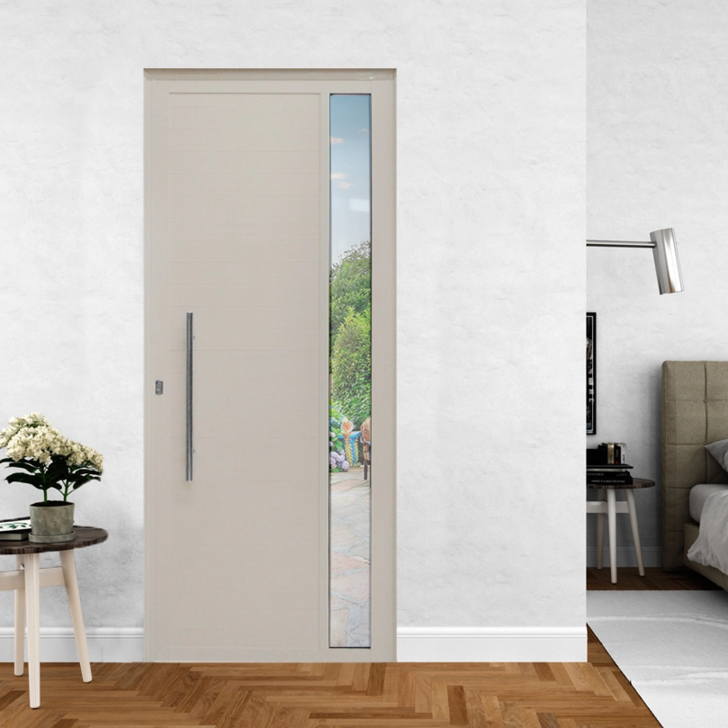 Porta De Alumínio Lambril 210x100cm Visor E Puxador Hale Esquadrias Abertura Direita Branco