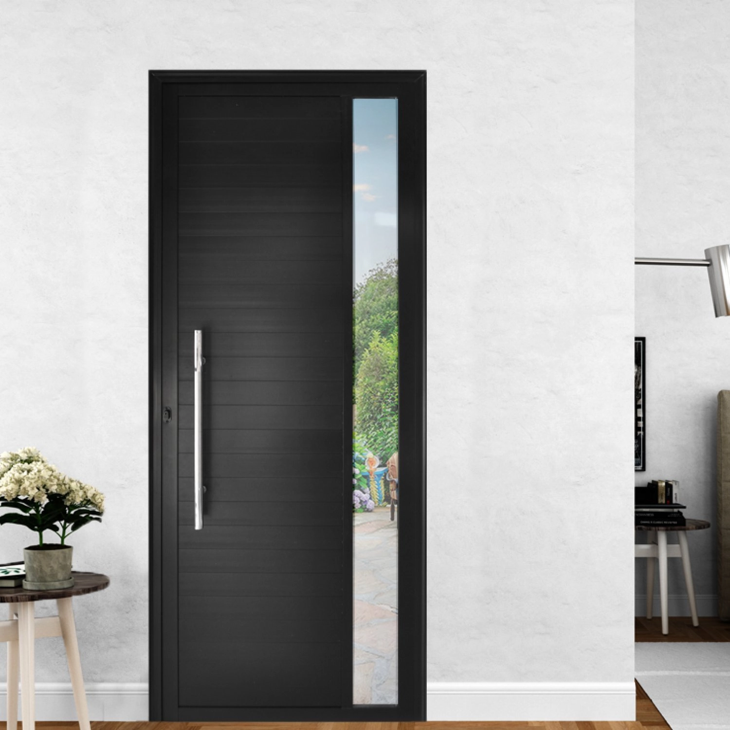 Porta De Alumínio Lambril 210x100cm Visor E Puxador Hale Esquadrias Abertura Direita Preto
