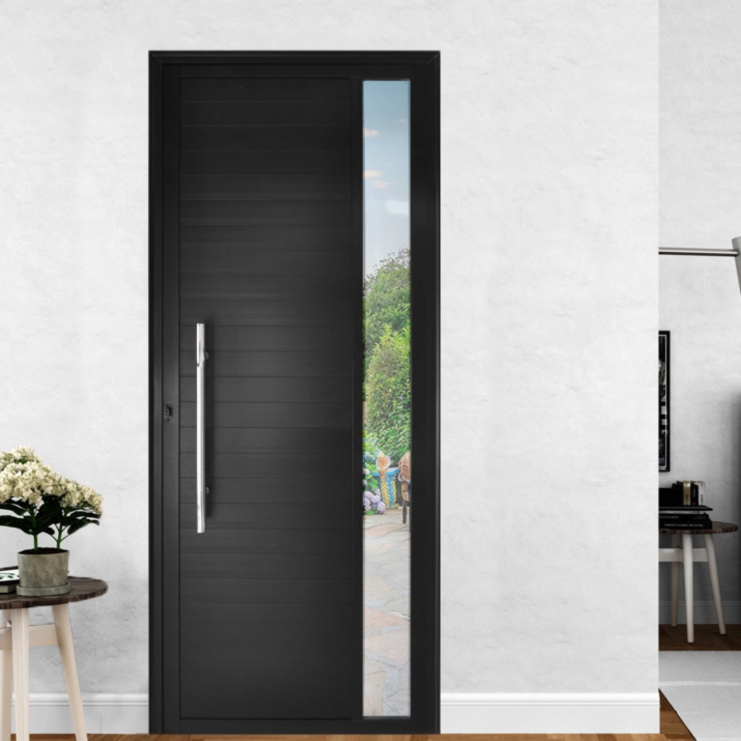 Porta De Alumínio Lambril 210x100cm Visor E Puxador Hale Esquadrias Abertura Esquerda Preto