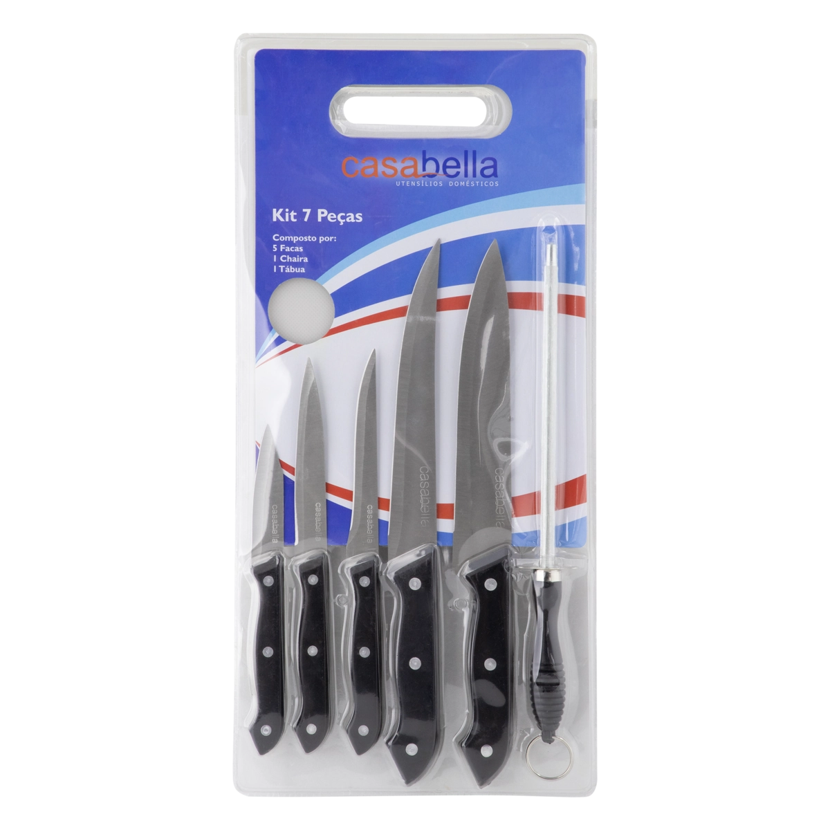 Kit 5 Facas 1 Chaira Preta Inox 1 Tábua Casabella