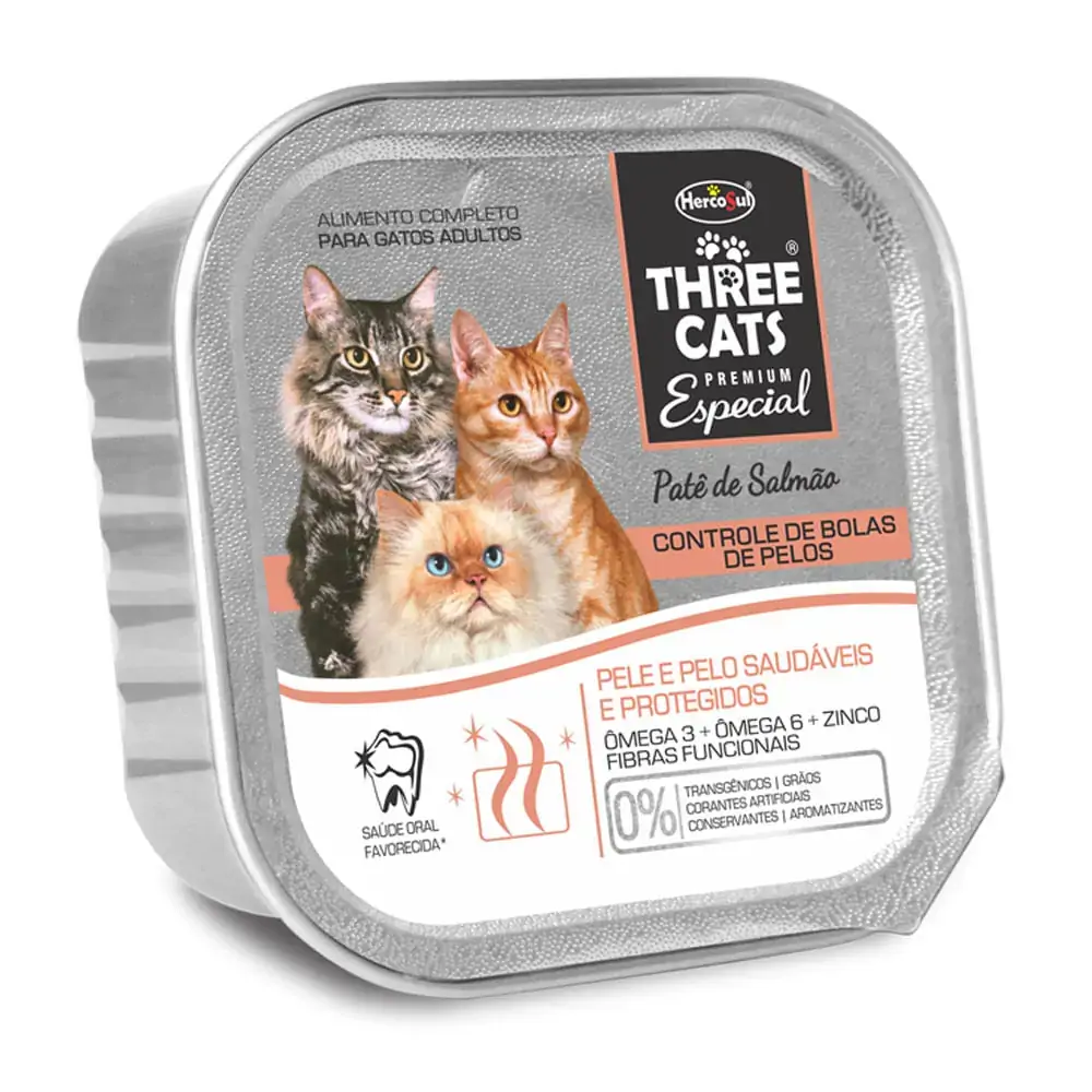 Ração úmida Three Cats Patê Sabor Salmão Controle De Bolas De Pelo Para Gatos 90g