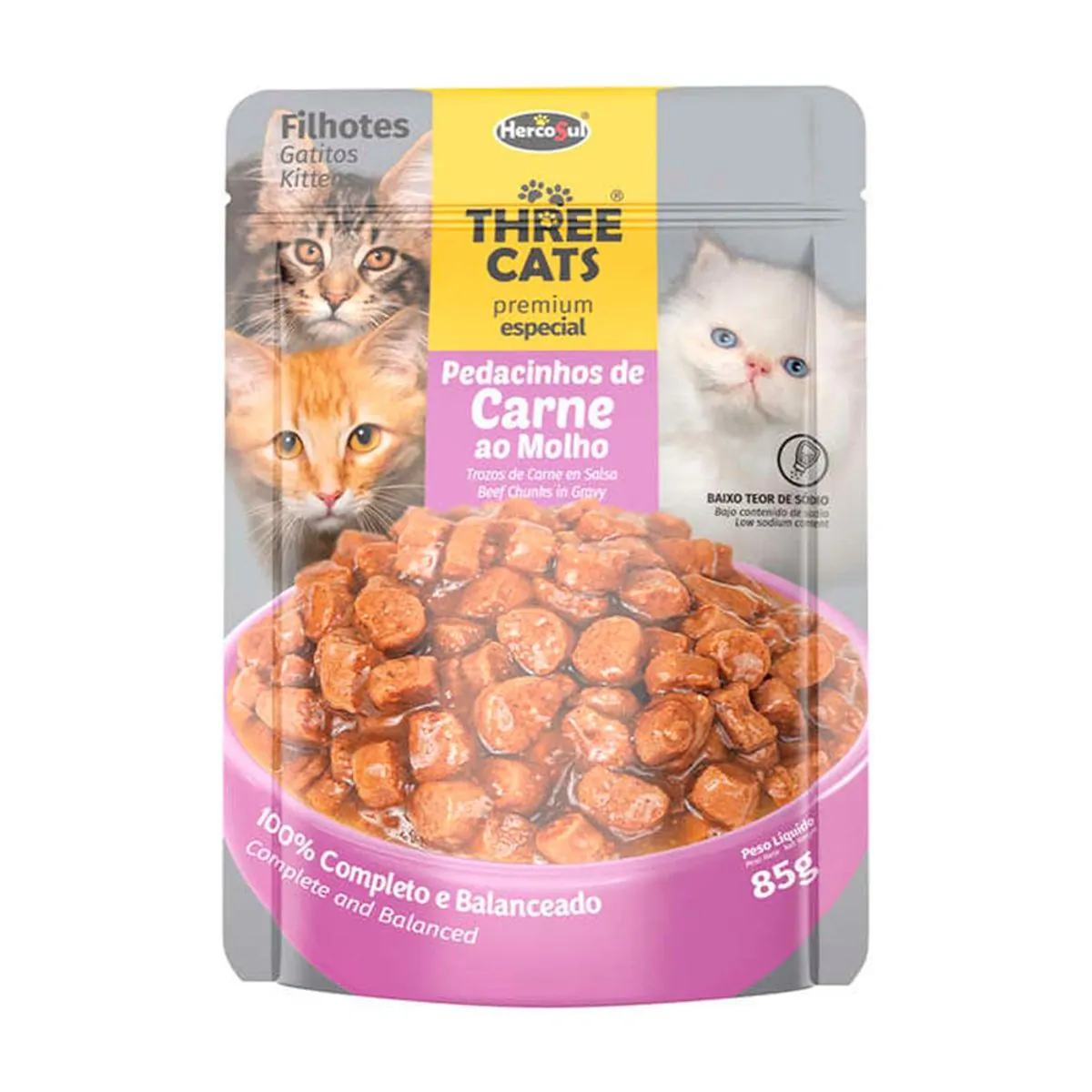 Molho Three Cats 85g Pedacinh Carne Filhotes