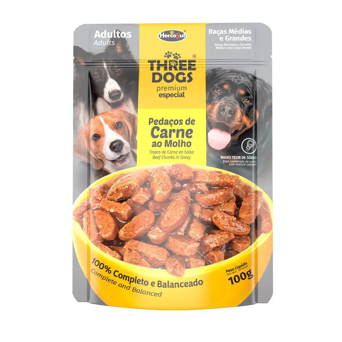 Three Dogs Adulto Carne Ao Molho Racas Medias Grandes 100 G