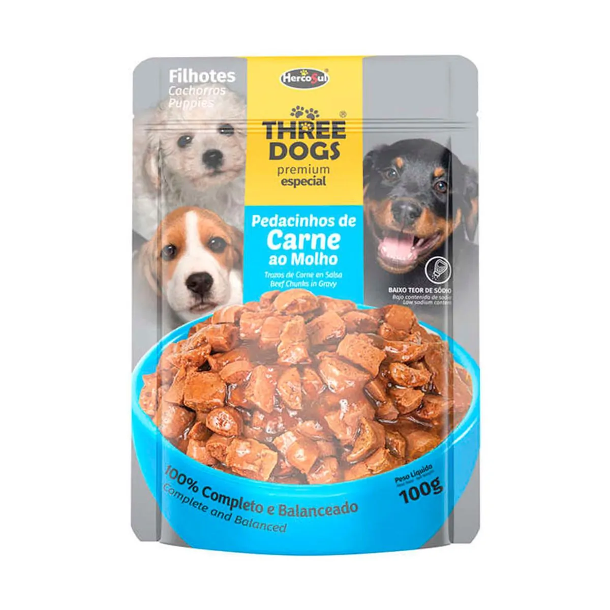 Sache Three Dogs Filhotes 100g Carne Ao Molho
