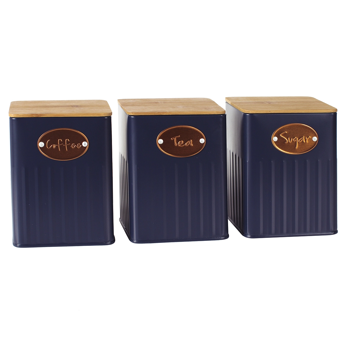Jogo 3 porta mantimentos ferro azul madeira 11x11x14,5cm BTC