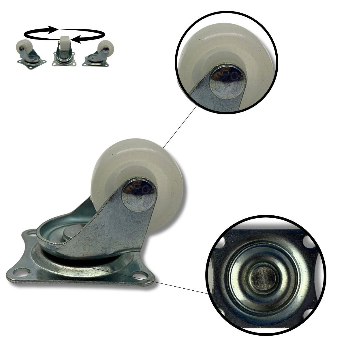 Rodízio Rodinha Giratório Placa Base Aço Fixo Roda Nylon Diâmetro 65mm 2,55" Altura 80mm