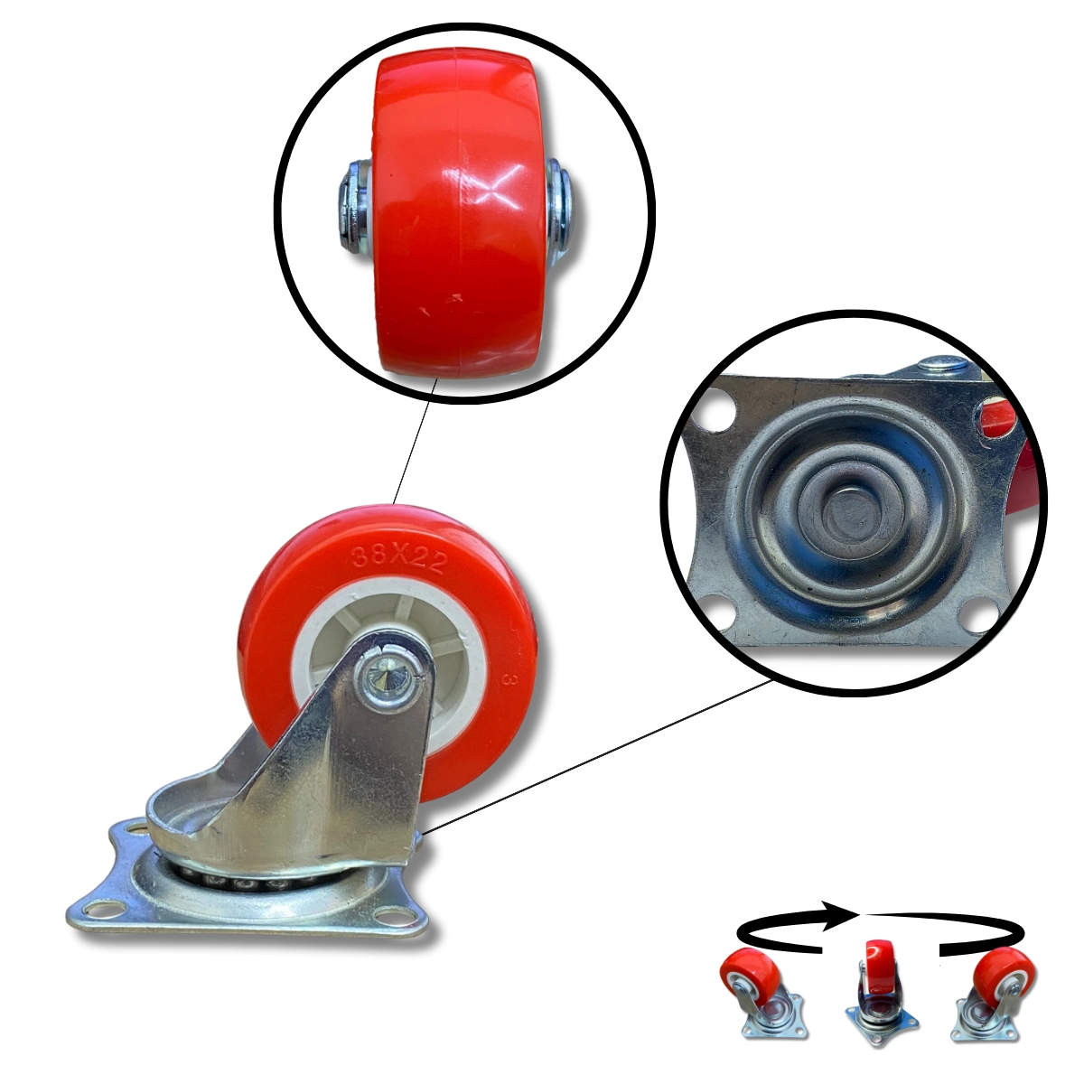 Rodízio Rodinha Giratório Placa Base Aço Roda Pp Vermelho Diâmetro 38mm 1,5" Altura 50mm
