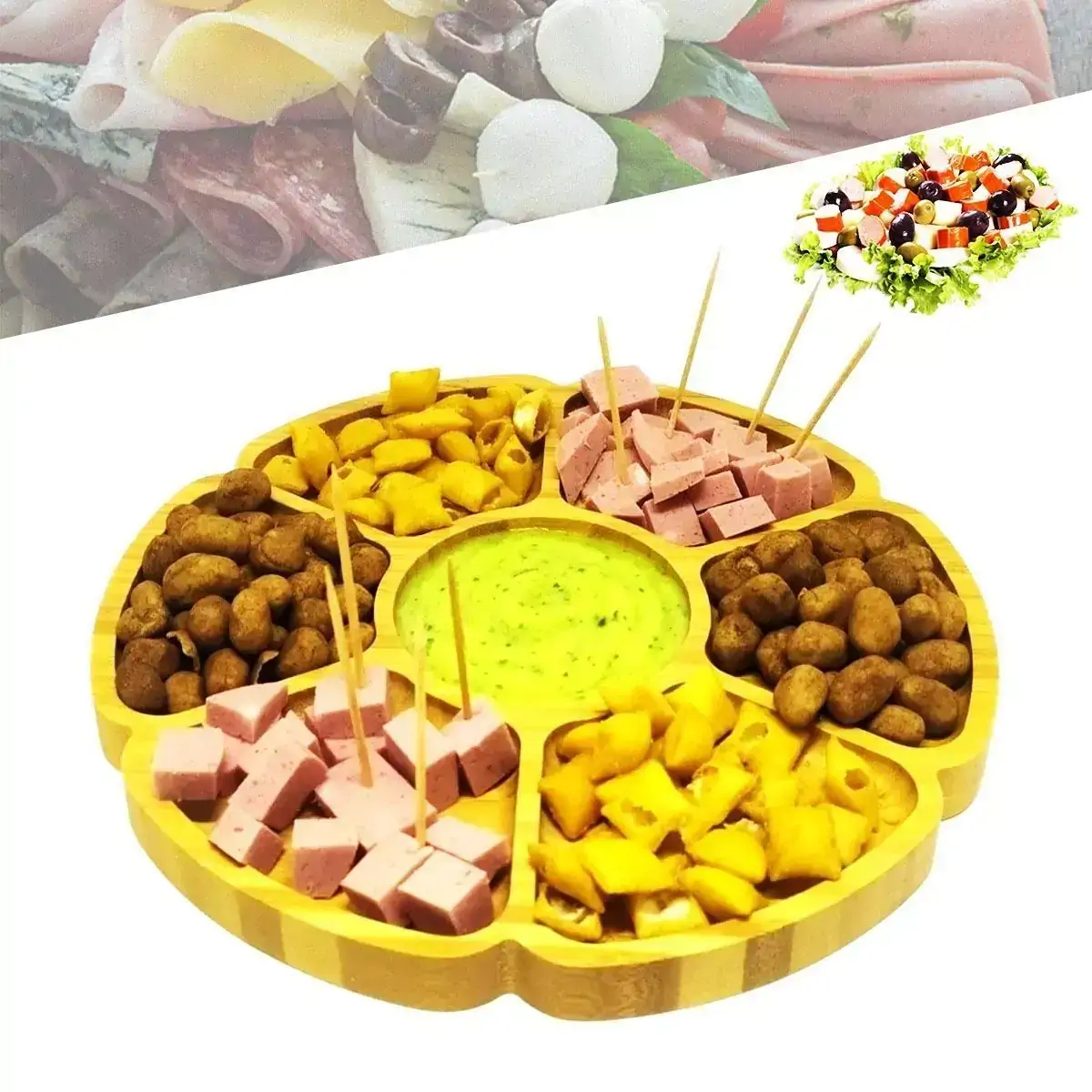 Petisqueira Bambu Formato Flor Petiscos Snacks Churrasco 24cm