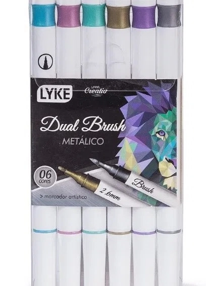 Marcador Dual Brush 6 Cores Metalico Lc101 639 Lyke