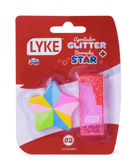 Apontador Plastico Glitter 1 Furo Deposito Mais Borracha Estrela Lyke