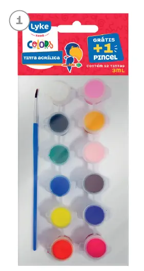 Tinta Acrilica 12 Cores 3ml Pincel Blister 102877 Lyke