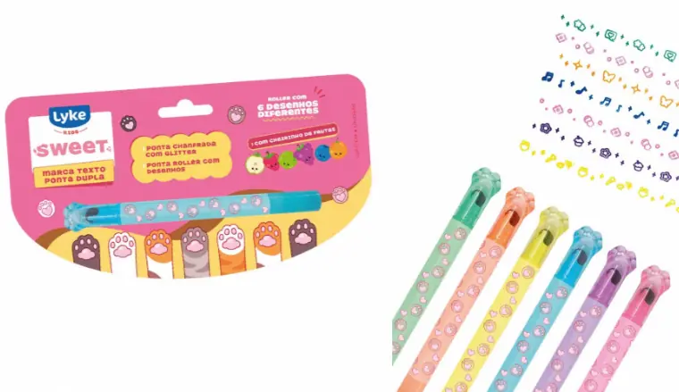 Caneta Marca Texto Ponta Dupla Roller Glitter Blister 105269 Lyke
