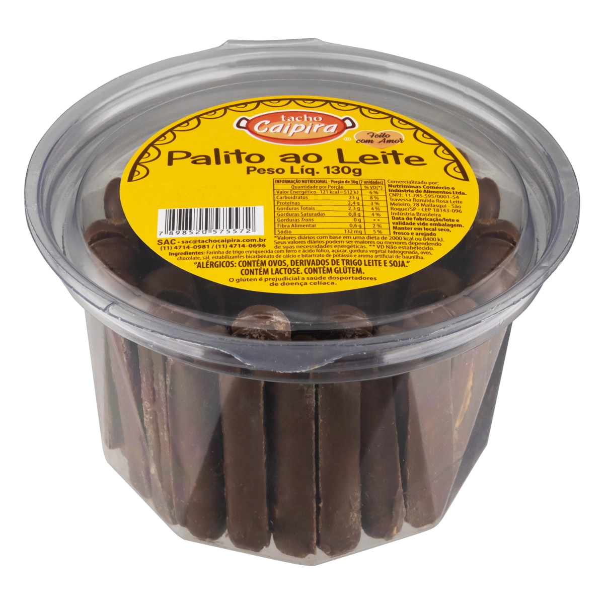 Biscoito Palito Cobertura Chocolate Ao Leite Tacho Caipira Pote 130g