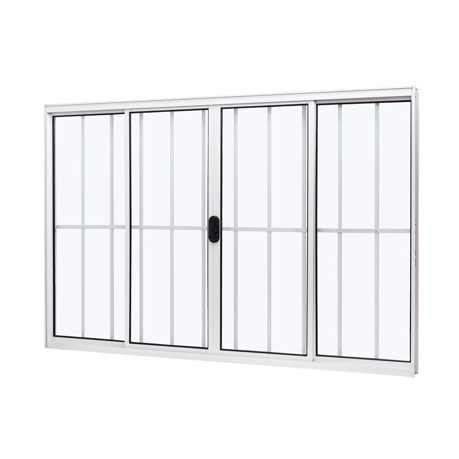 Janela De Alumínio De Correr Central 100x120cm 4 Folhas Com Grade E Vidro Liso Slim Modular Ramassol Branco