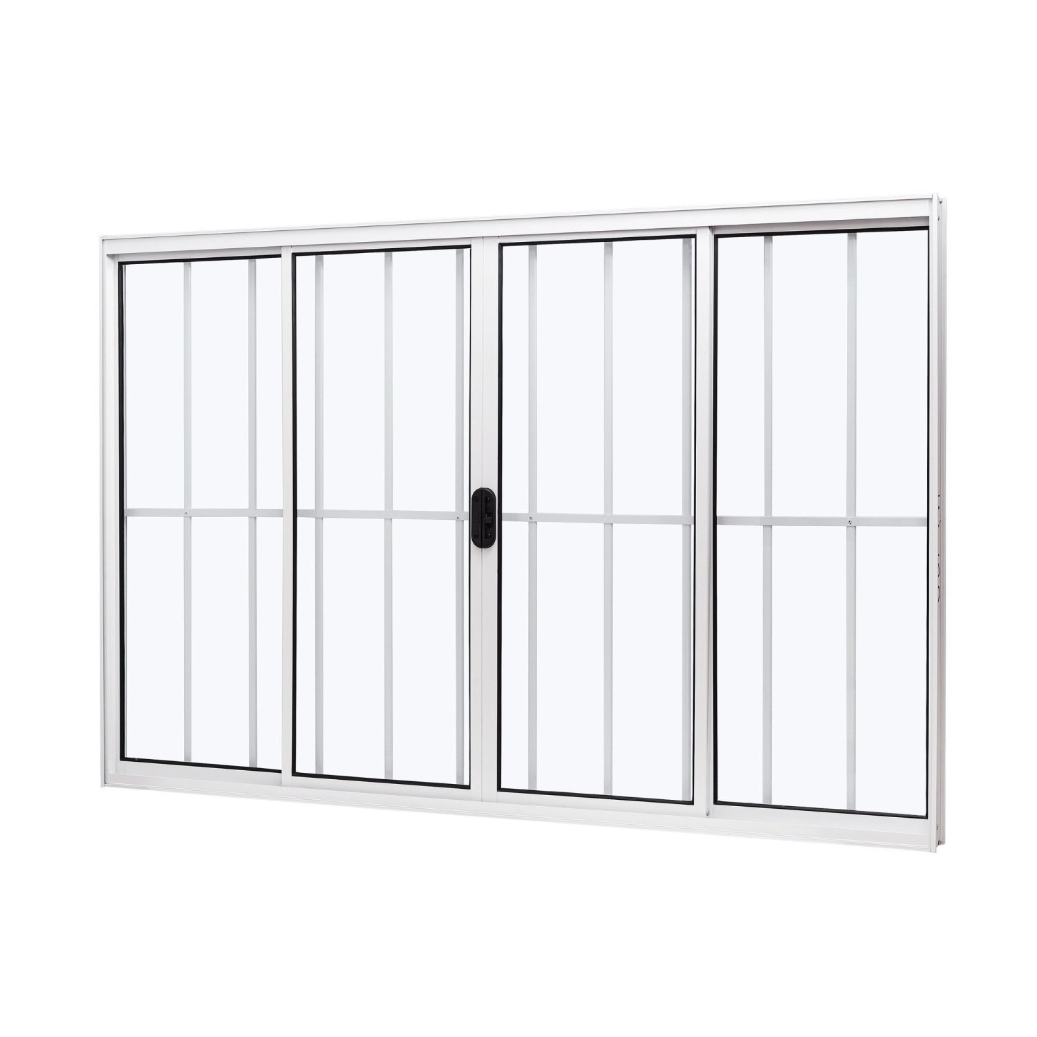 Janela De Aluminio De Correr Central 100x150cm 4 Folhas Com Grade E Vidro Liso Ultra Ramassol Branco