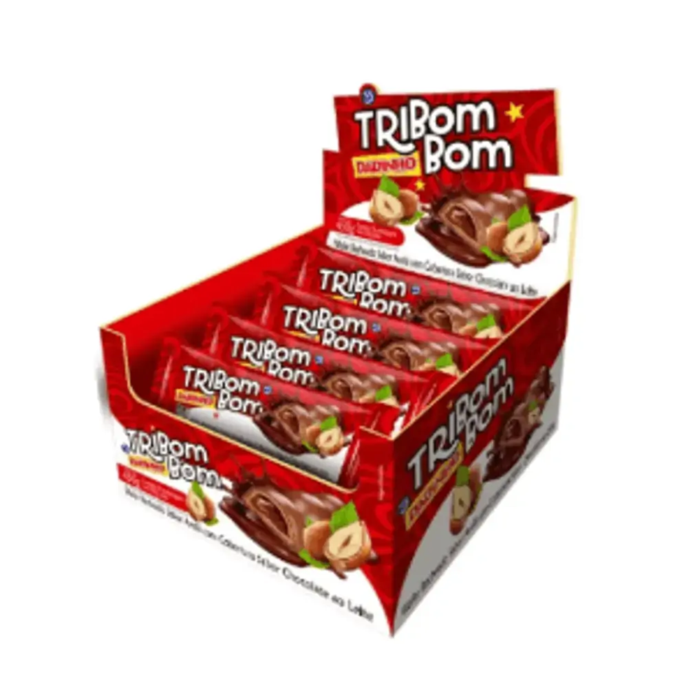 Wafer Recheio Avelã Cobertura Chocolate Ao Leite Dadinho Tribombom Caixa 450g 15 Unidades