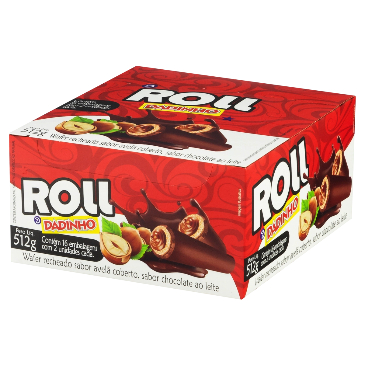 Wafer Recheio Avelã Cobertura Chocolate Ao Leite Dadinho Roll Caixa 512g 16 Unidades