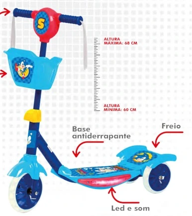 Patinete Sonic Cestinha 3 Roda