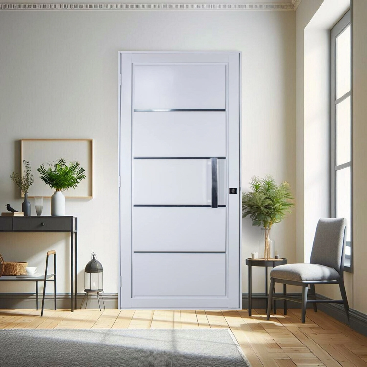 Porta De Aço Social Slim 215x95x12cm Com Puxador Pequeno Ideal Crv Esquadrias Abertura Esquerda Branco