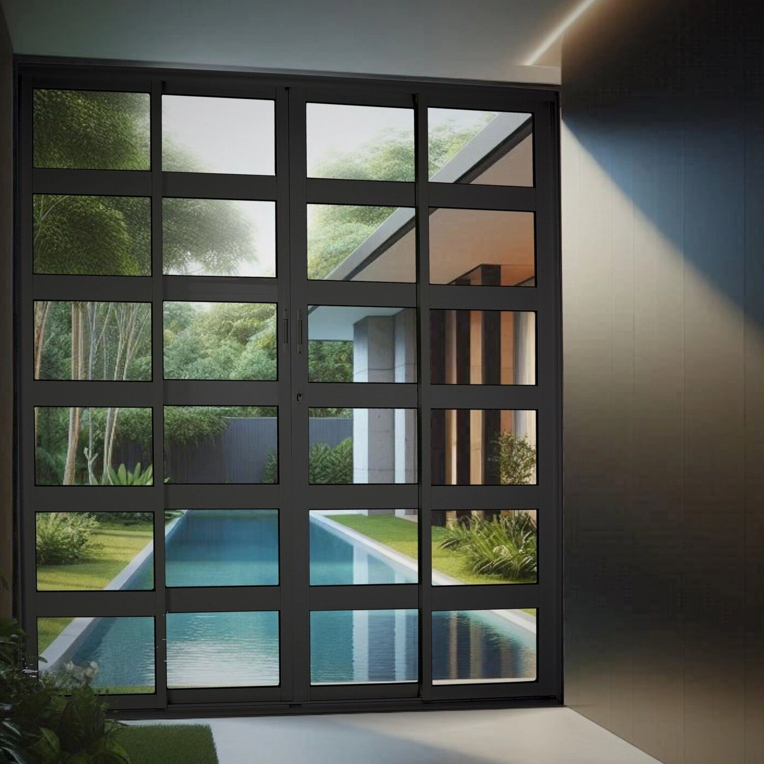 Porta De Correr De Aluminio 210x200cm 2 Folhas Moveis E 2 Folhas Fixas Preto