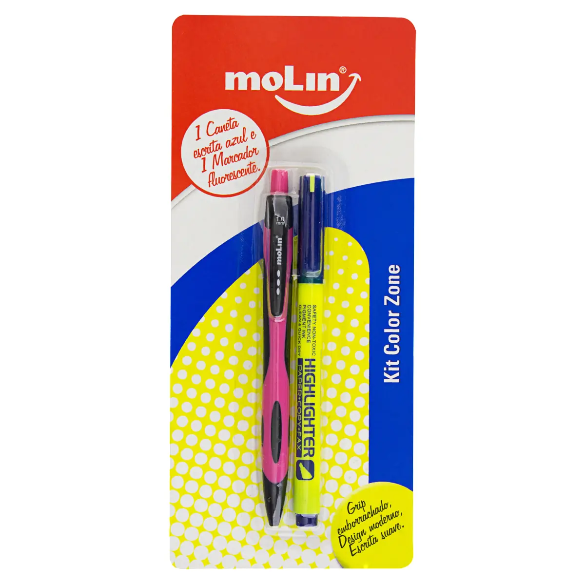 Kit Caneta Esferográfica Azul 1,0mm Marcador De Texto Fluorescente Color Zone Molin