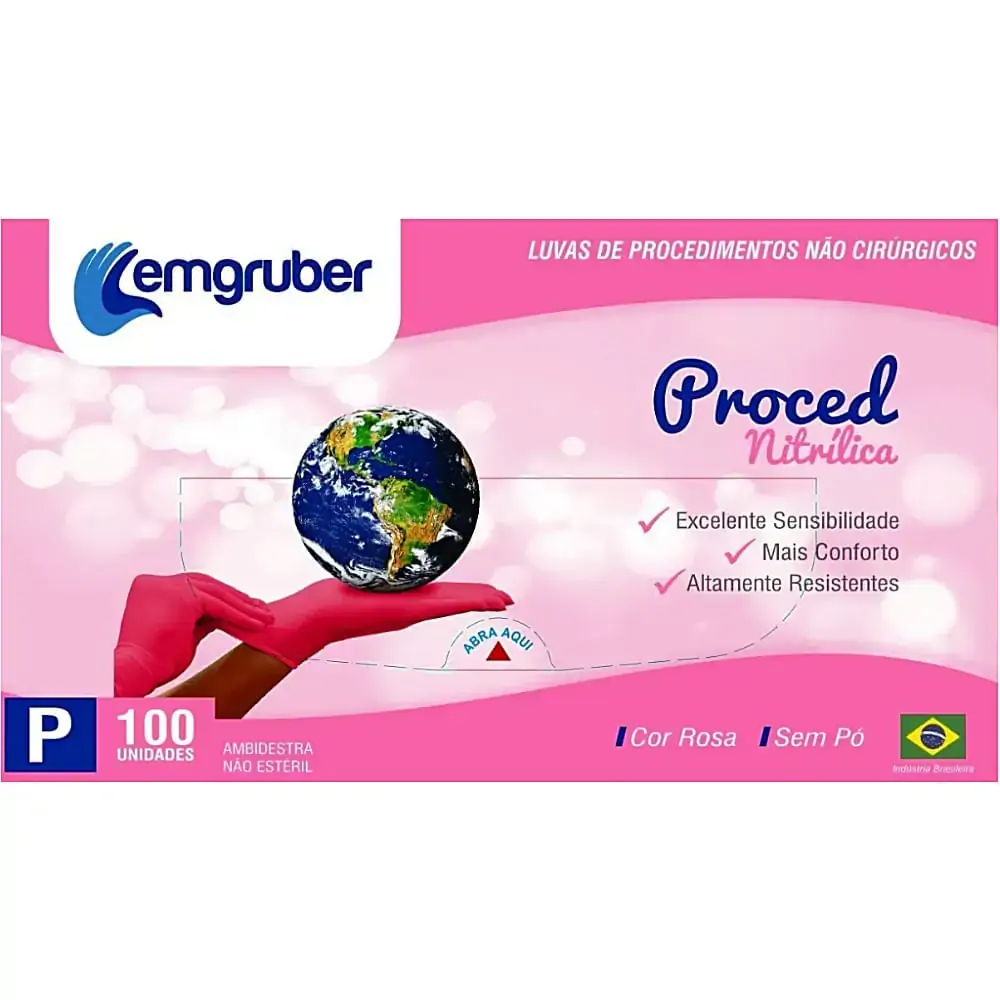 Luva Nitrílica Proced Lemgruber Rosa - Sem Pó - 100 unidades - Tam P