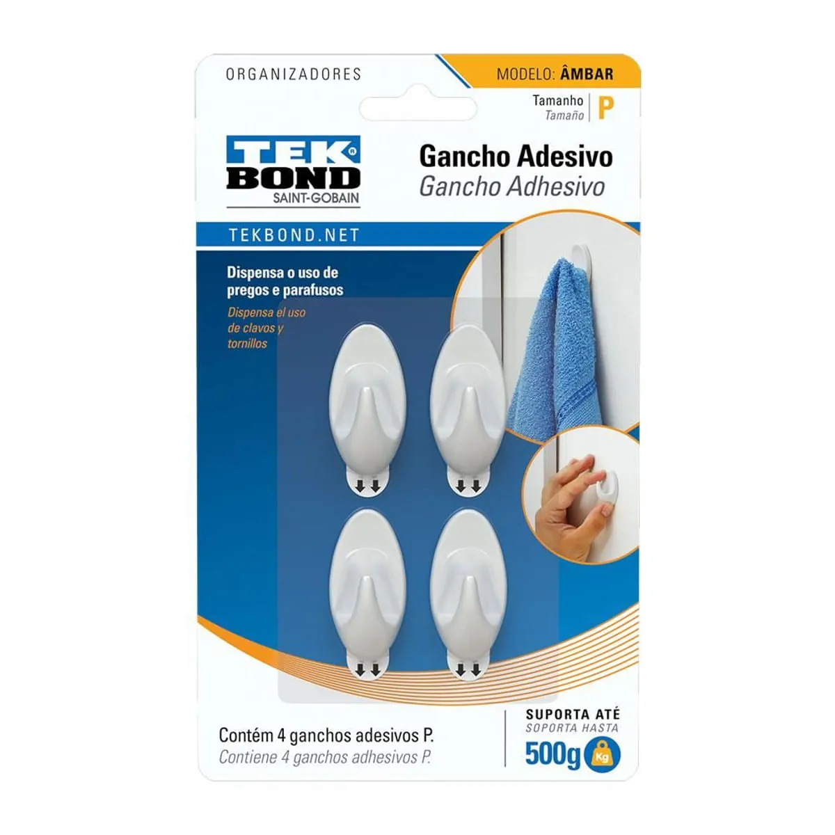 Gancho Adesivo Ambar de Plástico Branco Tamanho Pequeno 500 g Tek Bond 4 Unidades