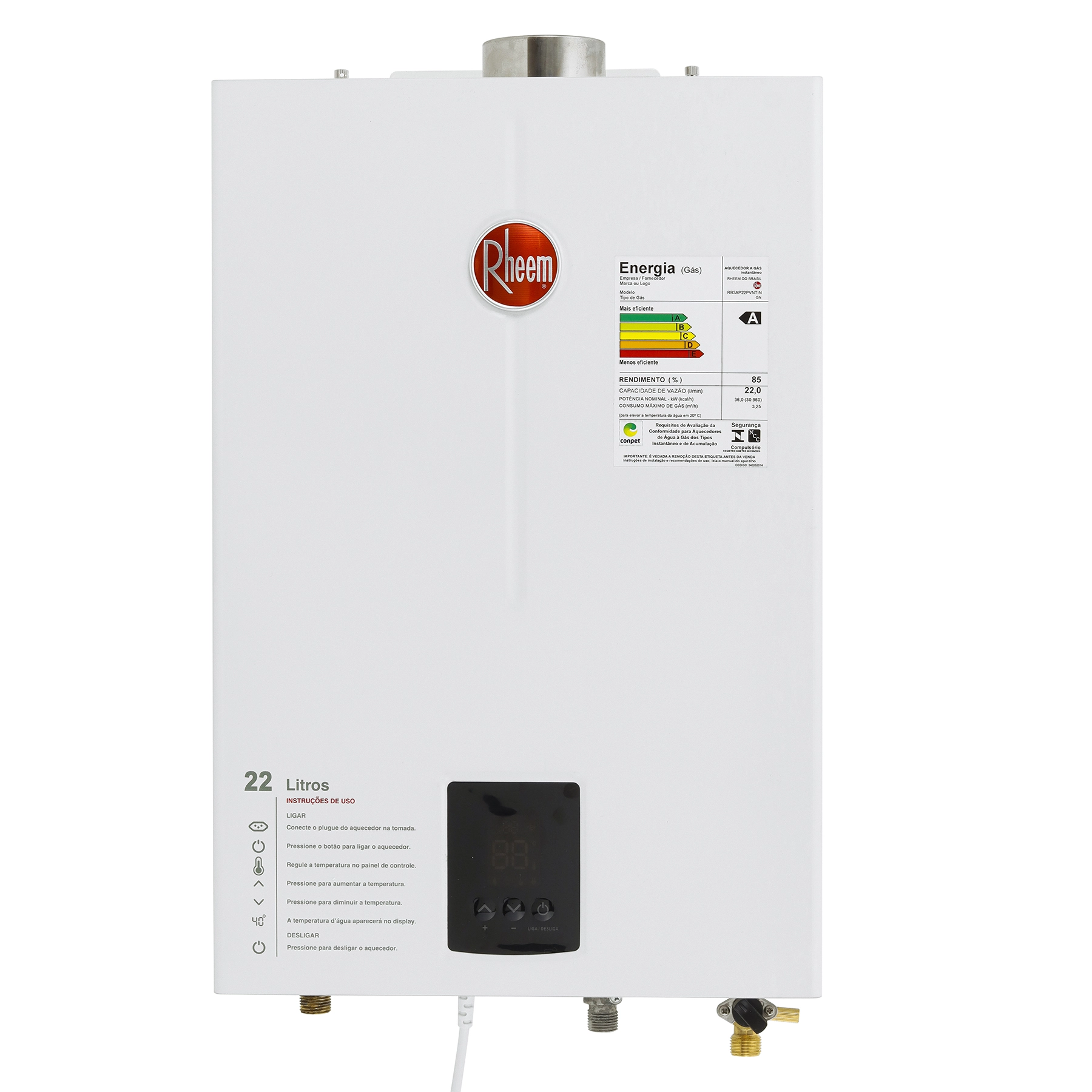 Aquecedor de Água a Gás Rheem 22L/min GN Branco Digital RB3AP22PVNTIN