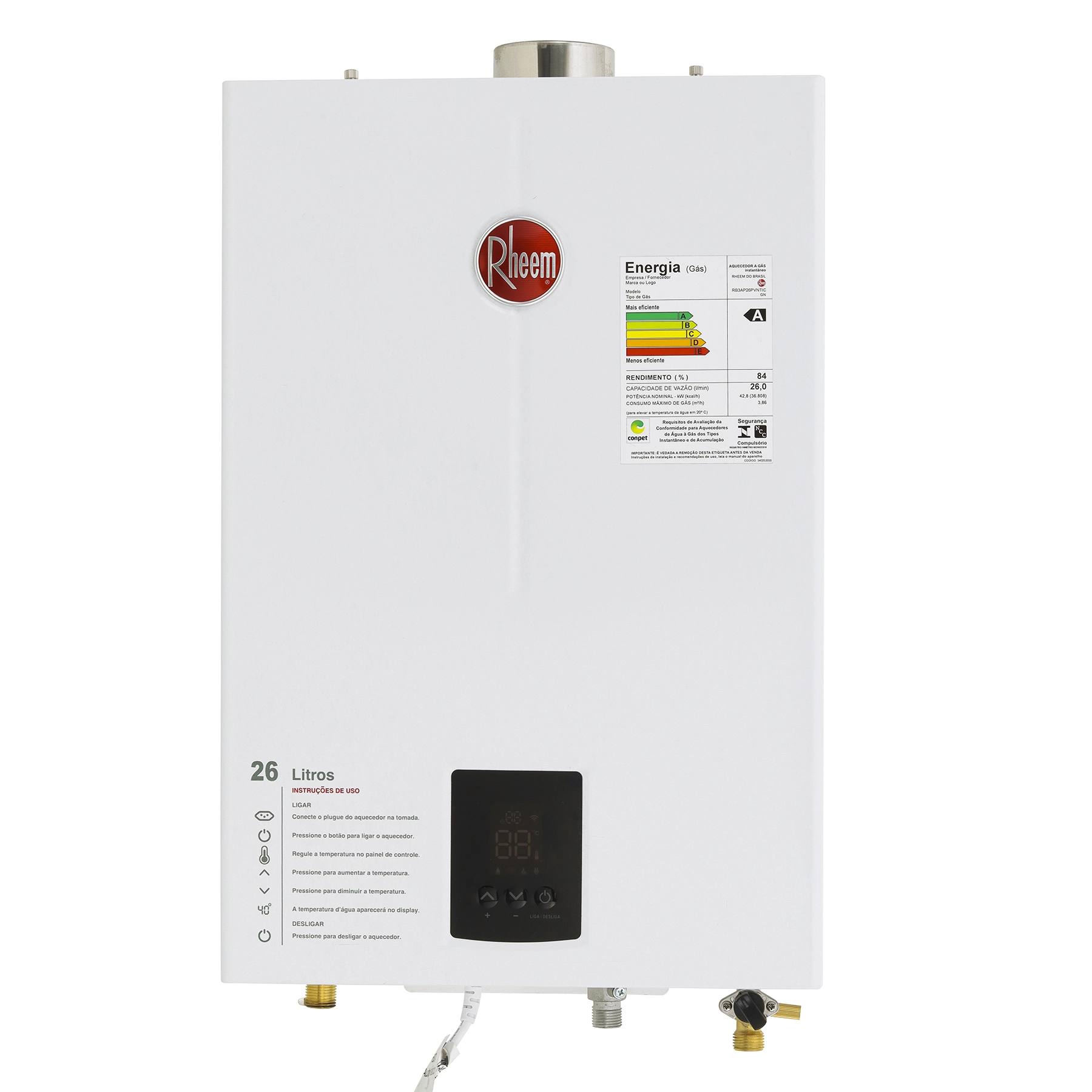 Aquecedor de Água a Gás Rheem 26L/min GN Branco Digital RB3AP26PVNTIC