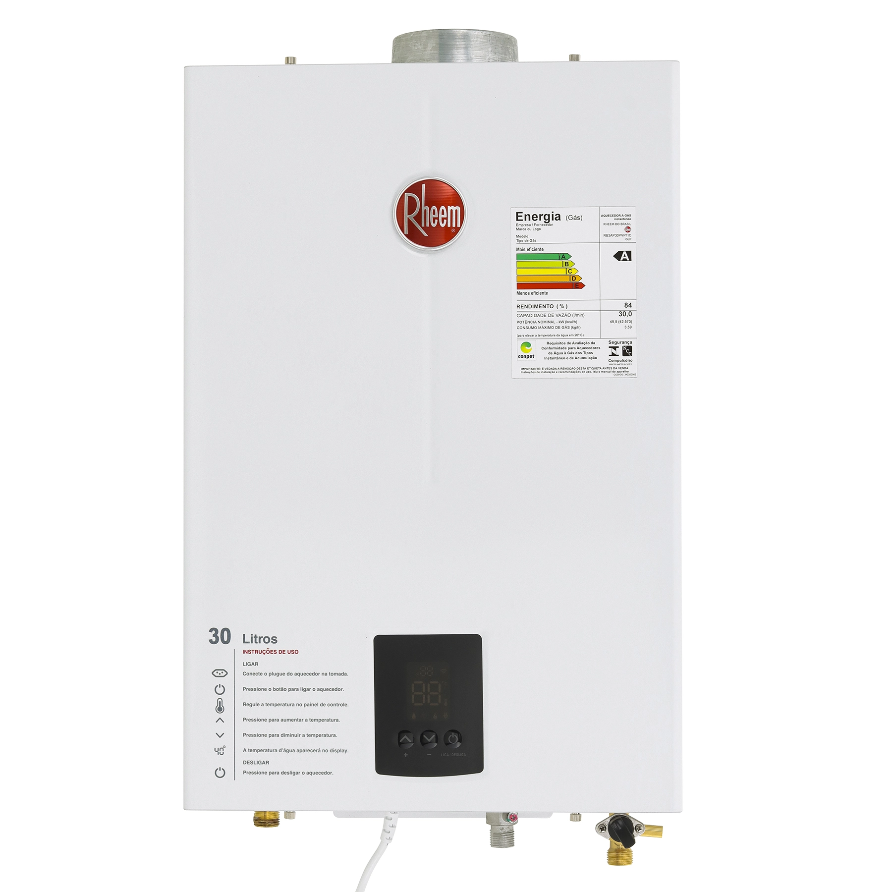 Aquecedor de Água a Gás Rheem 30L/min GLP Branco Digital RB3AP30PVPTIC