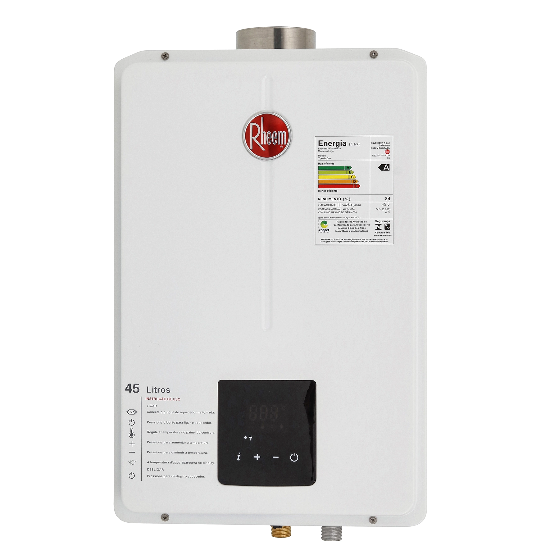 Aquecedor de Água a Gás Rheem 45L/min GN Branco Digital RB3AP45PVNTIN