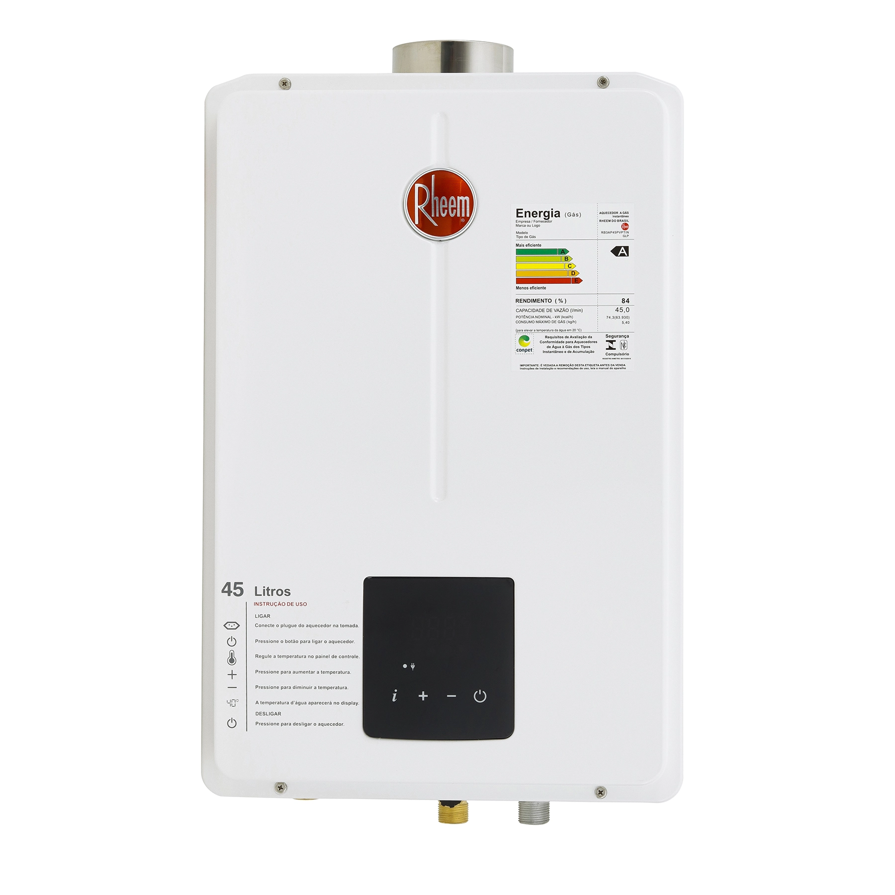 Aquecedor de Água a Gás Rheem 45L/min GLP Branco Digital RB3AP45PVPTIN