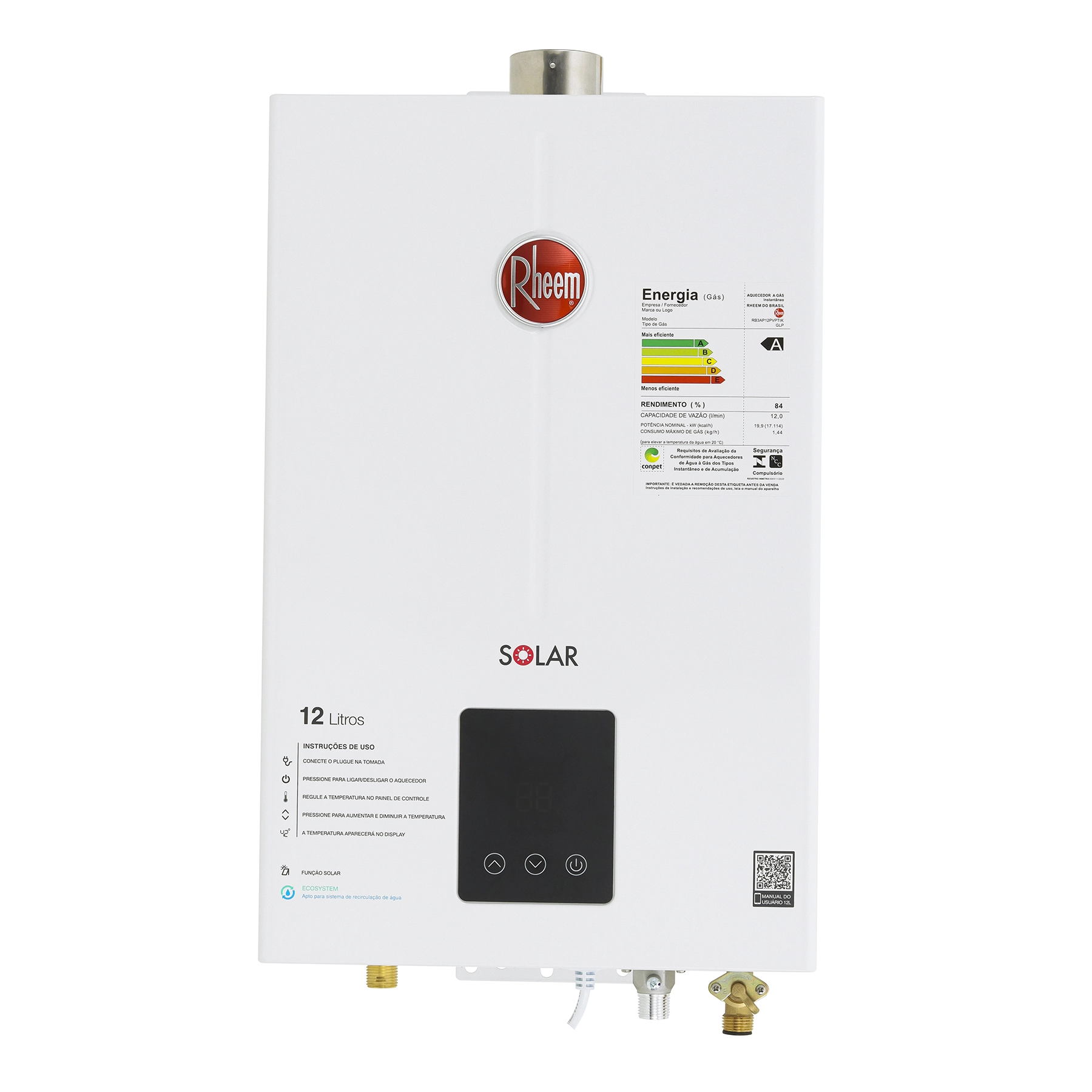 Aquecedor de Água a Gás Rheem 12L/min GLP Branco Digital