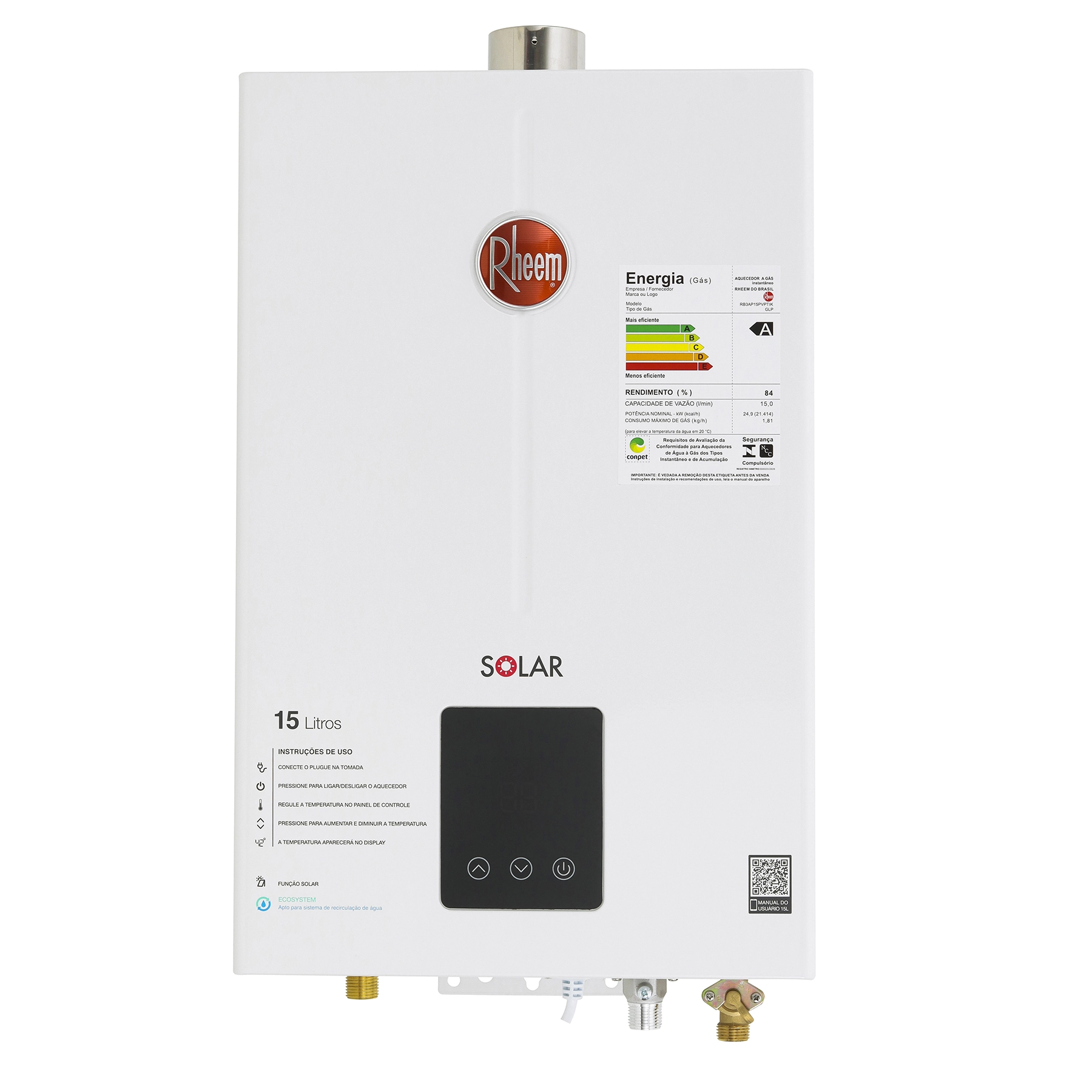Aquecedor de Água a Gás Rheem 15L/min GLP Branco Digital