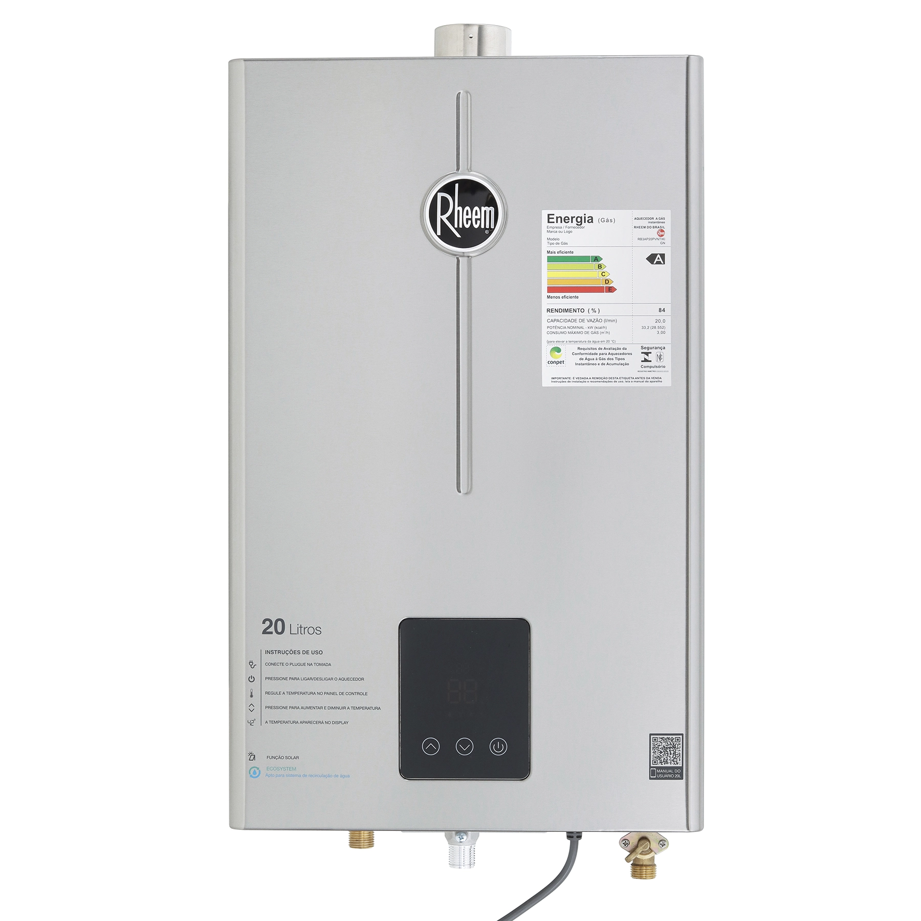 Aquecedor de Água a Gás Rheem 20L/min GN Prata Digital