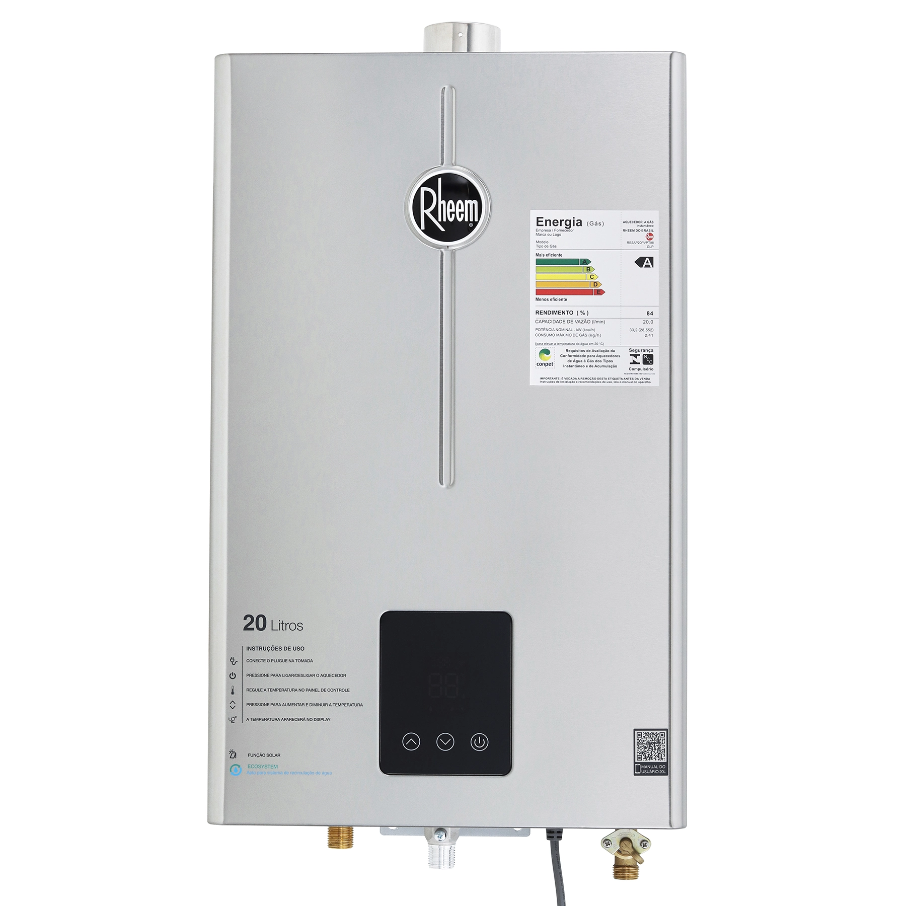 Aquecedor de Água a Gás Rheem 20L/min GLP Prata Digital
