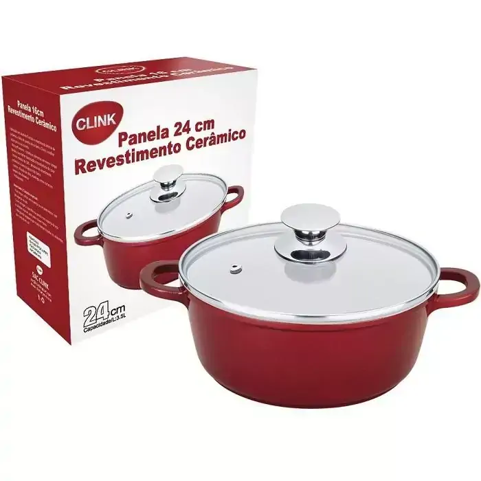 Panela Vermelha Revest. Cerâmica 24 Cm Tampa Vidro - 113187