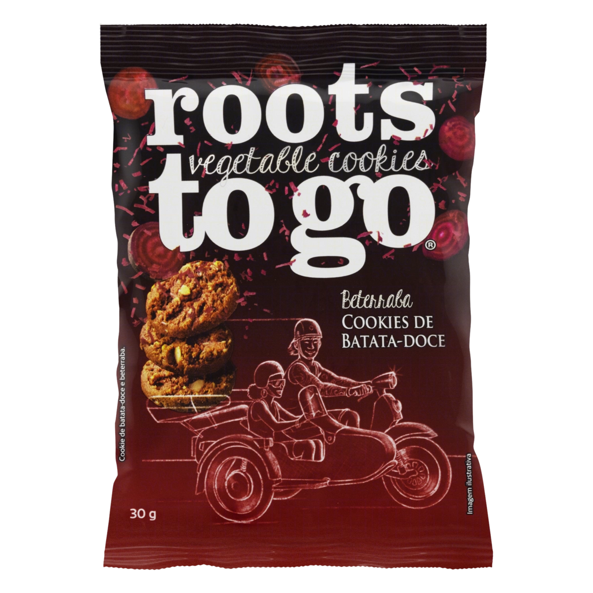 Biscoito Cookie De Batata Doce Vegano Beterraba Roots To Go Pacote 30g