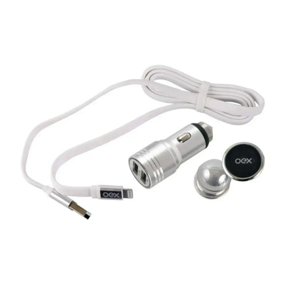 Kit Veicular Carregador Lightning E Suporte Magnetico Oex Kv100 -Branco